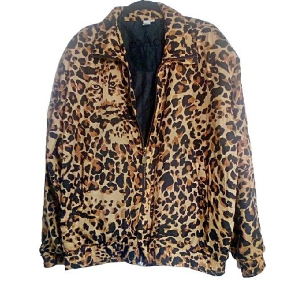 Coaco Jacket L Silk Leopard Cat Print Cat Faces Brown Black Zips Vintage